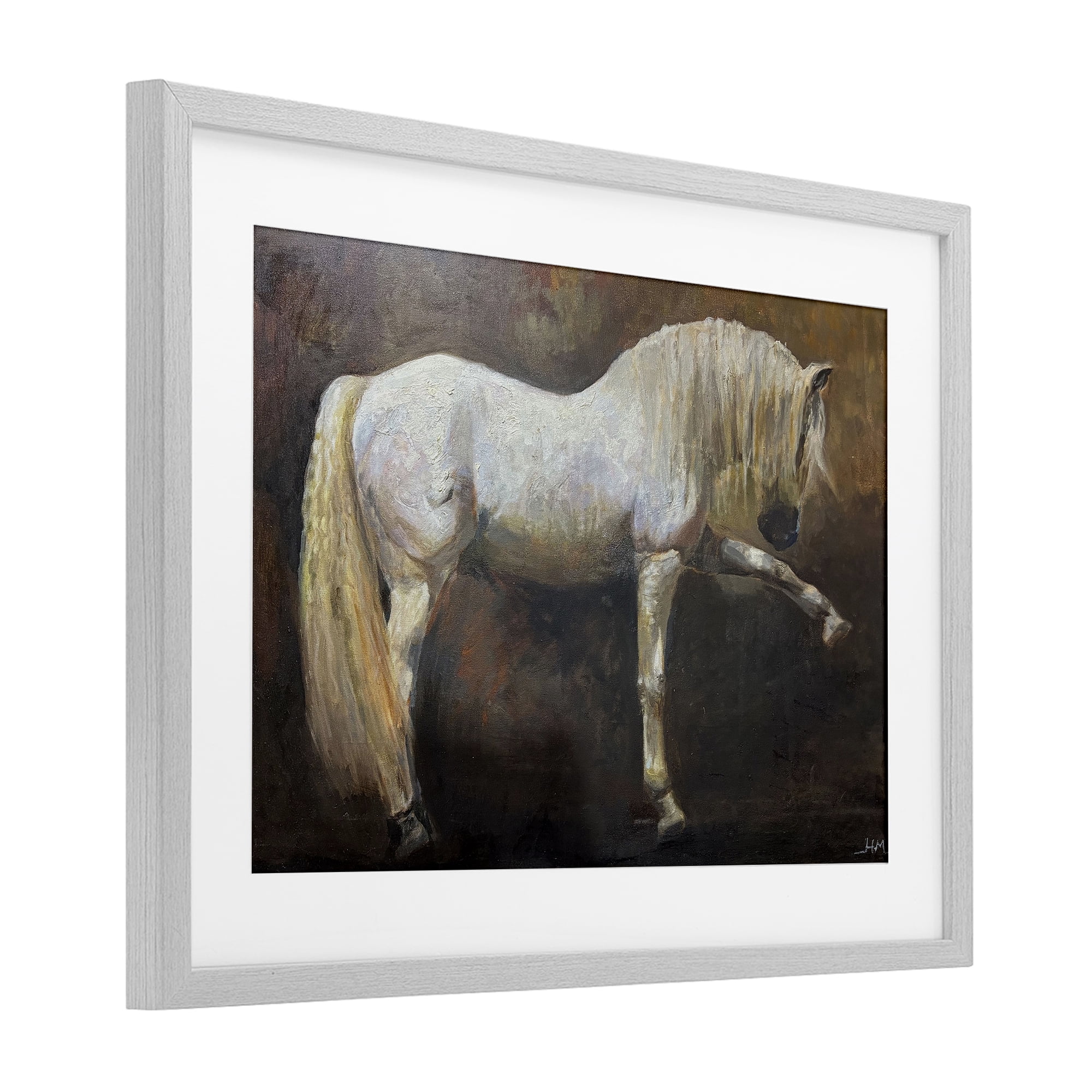 Stupell Industries Elegant White Stallion in Motion Gray Framed Print Under Glass, design by Hilary McCarthy