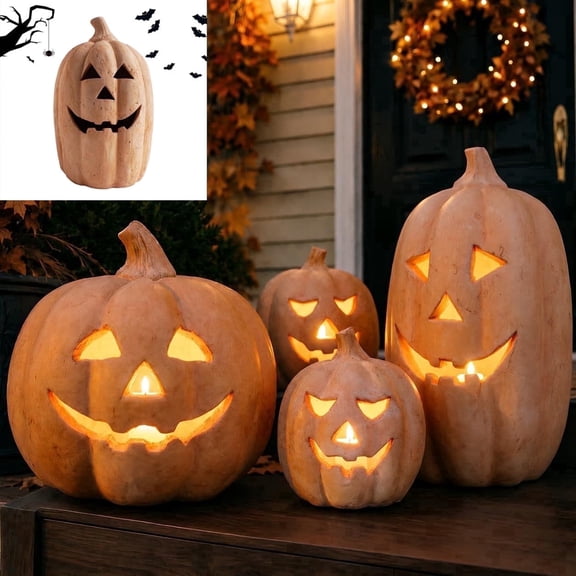 Fall Decor Halloween Pumpkin Jack O Lantern with Flameless Candle, Handmade Resin Orange Pumpkin Decoration for Rustic Home, Front Door Entryway, Porch and Tabletop