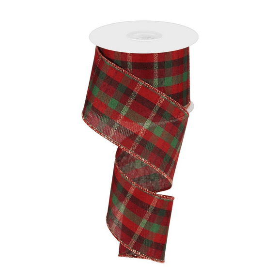 Wired Tartan Christmas Wreath Ribbon - 2 1/2" x 10 Yards, Metallic Gold Edged, Red and Black Plaid, Valentine's Day, Garland, Gifts, Wrapping, Wreaths, Bows, Mother's Day