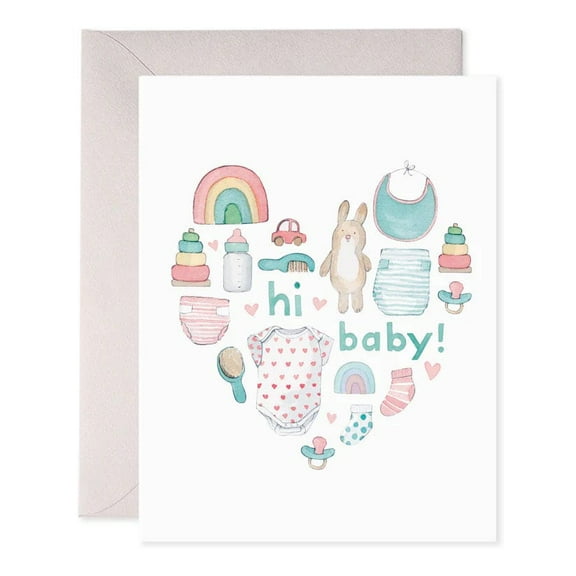 Cute Baby Greeting Card – "Hi Baby!" Heart Design with Baby Items – Perfect for Newborn Baby Showers, Welcome Gifts, or Congratulatory Messages
