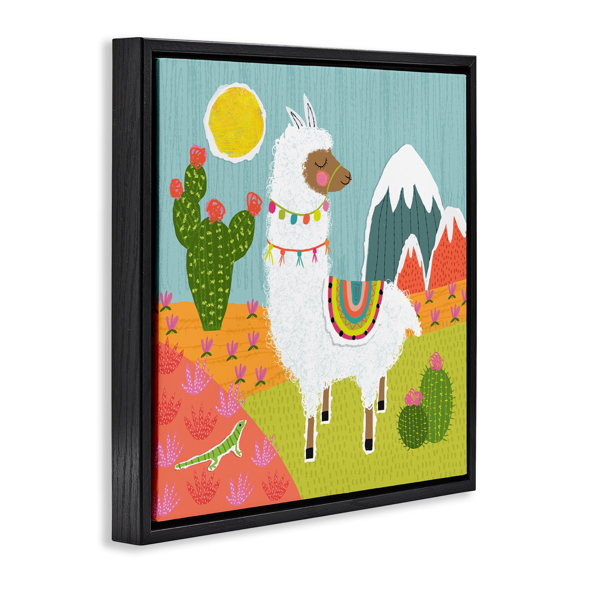 Stupell Industries Whimsical Llama Scene Animals Painting Black Floater Framed Canvas Art Print Wall Art, 18 x 18
