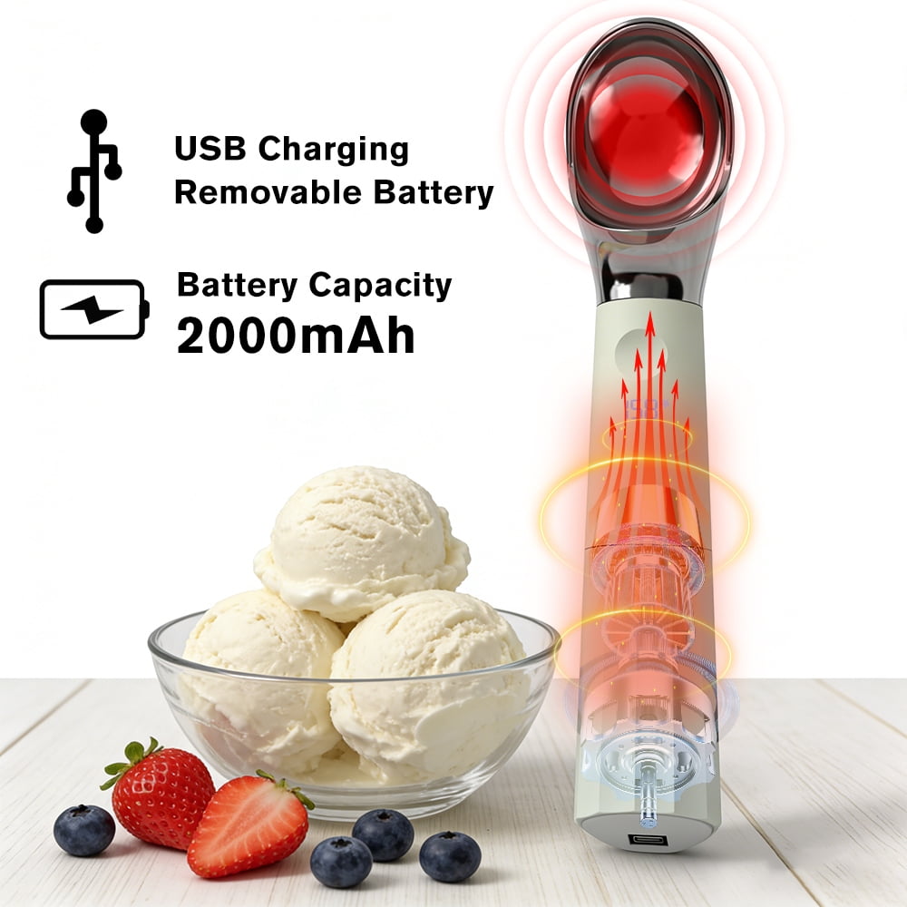 USB Rechargeable Heated Ice Cream Scoop, 304 Stainless Steel, Non-Stick,  Electric Scooper for Hard Frozen Ice Cream, White