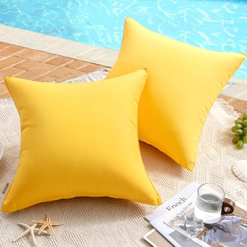 Pack of 2 Decorative Outdoor Waterproof Pillow Covers Square Garden Cushion Sham Throw Pillowcase Shell for Patio Tent Couch 18x18 Inch Yellow