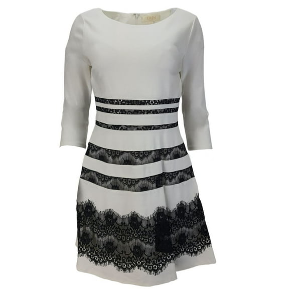 ERIN Women's Lace Stripes Dress, White, 6