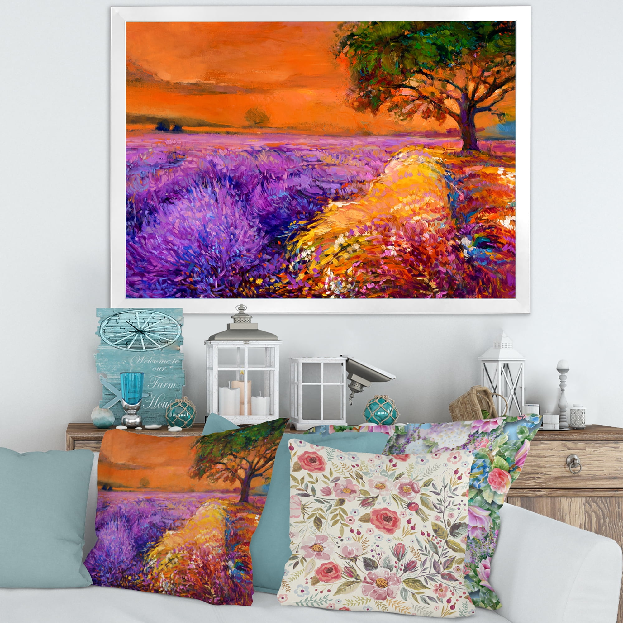 Designart 'An Orange Sunset Over Purple Lavender Fields II' Farmhouse Framed Art Print