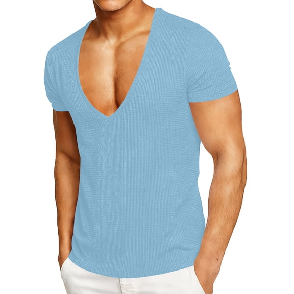 ZCFZJW Mens Deep V-Neck Fitness T-Shirts Casual Waffle Knit Short Sleeve Tops Basic Solid Color Workout Tees Workout Tshirts Gym Athletic Undershirts Slim Fit Activewear Light Blue XXXL