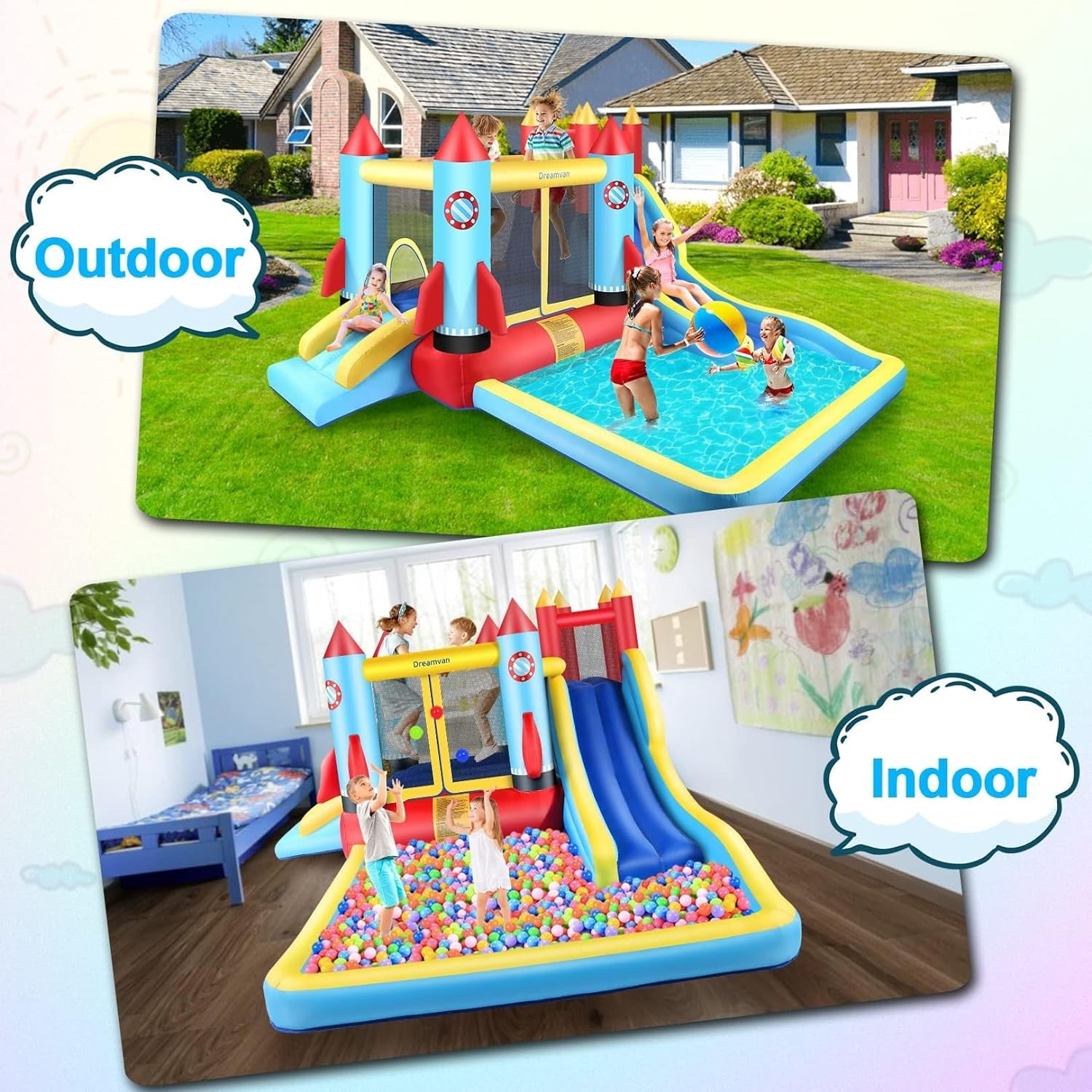 Veeboto Bounce House with Blower, Inflatable Water Slide with Climbing Wall, Pool/Ball Pit, Double Slide and Bouncing Area, 5-in-1 Indoor/Outdoor Bouncy Castle for both Dry and Wet, Durable PVC
