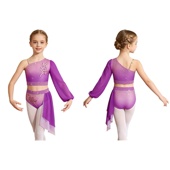 iiniim Girls Lyrical Dance Outfit One Shoulder Long Puff Sleeve Crop Top With Applique Asymmetrical Skirt Set Purple 14
