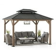 thumbnail image 3 of SUNJOY 10 x 12 ft. Wood Gazebo, Outdoor Patio Steel Hardtop Gazebo, Cedar Framed Wooden Gazebo with 2-Tier Metal Roof, Suitable for Patios, Lawn and Backyard, Dark Brown Roof + Dark Wood Frame, 3 of 14