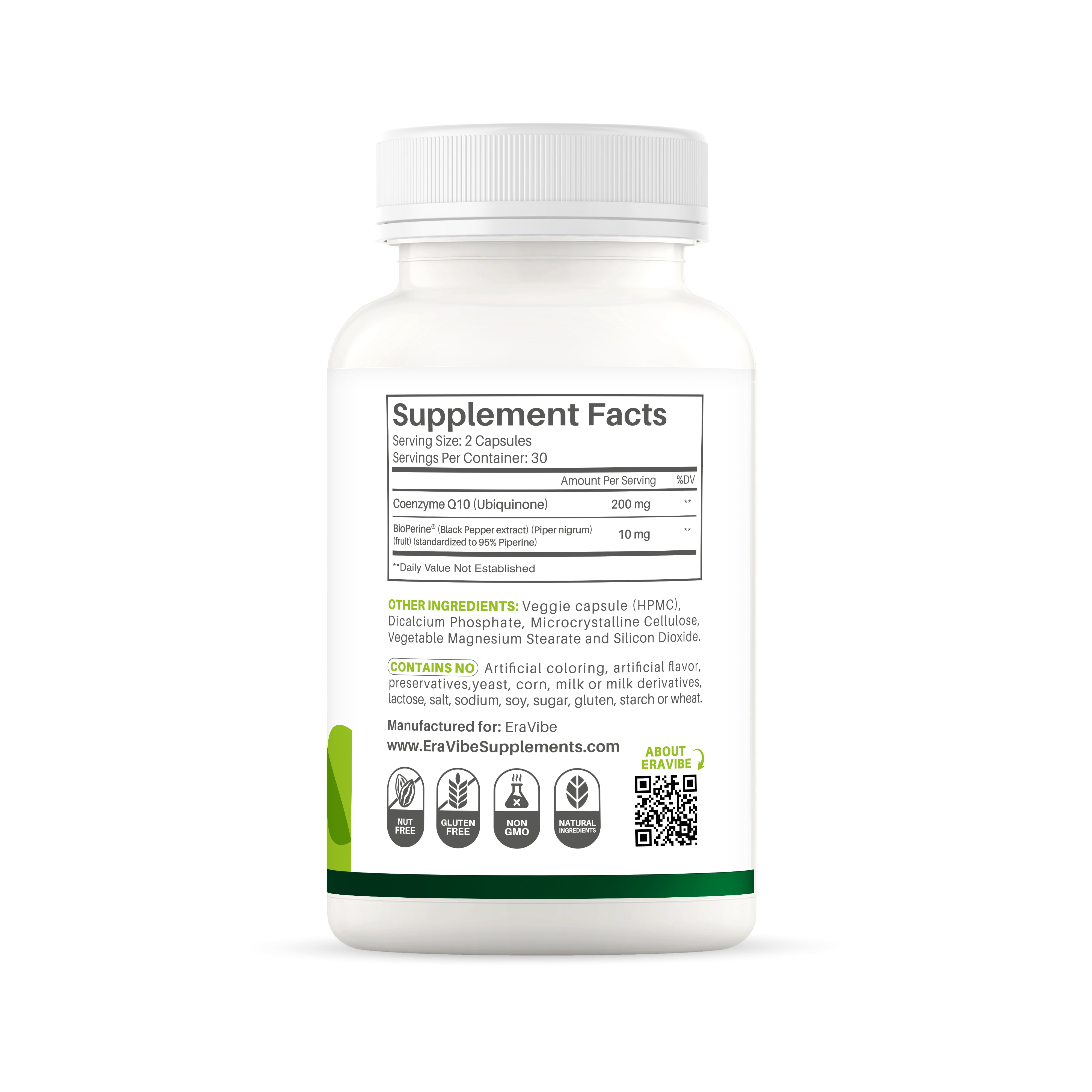 Eravibe CoQ10 200mg with Bioperine, High Absorption Antioxidant Supplement, 60 Veggie Capsules