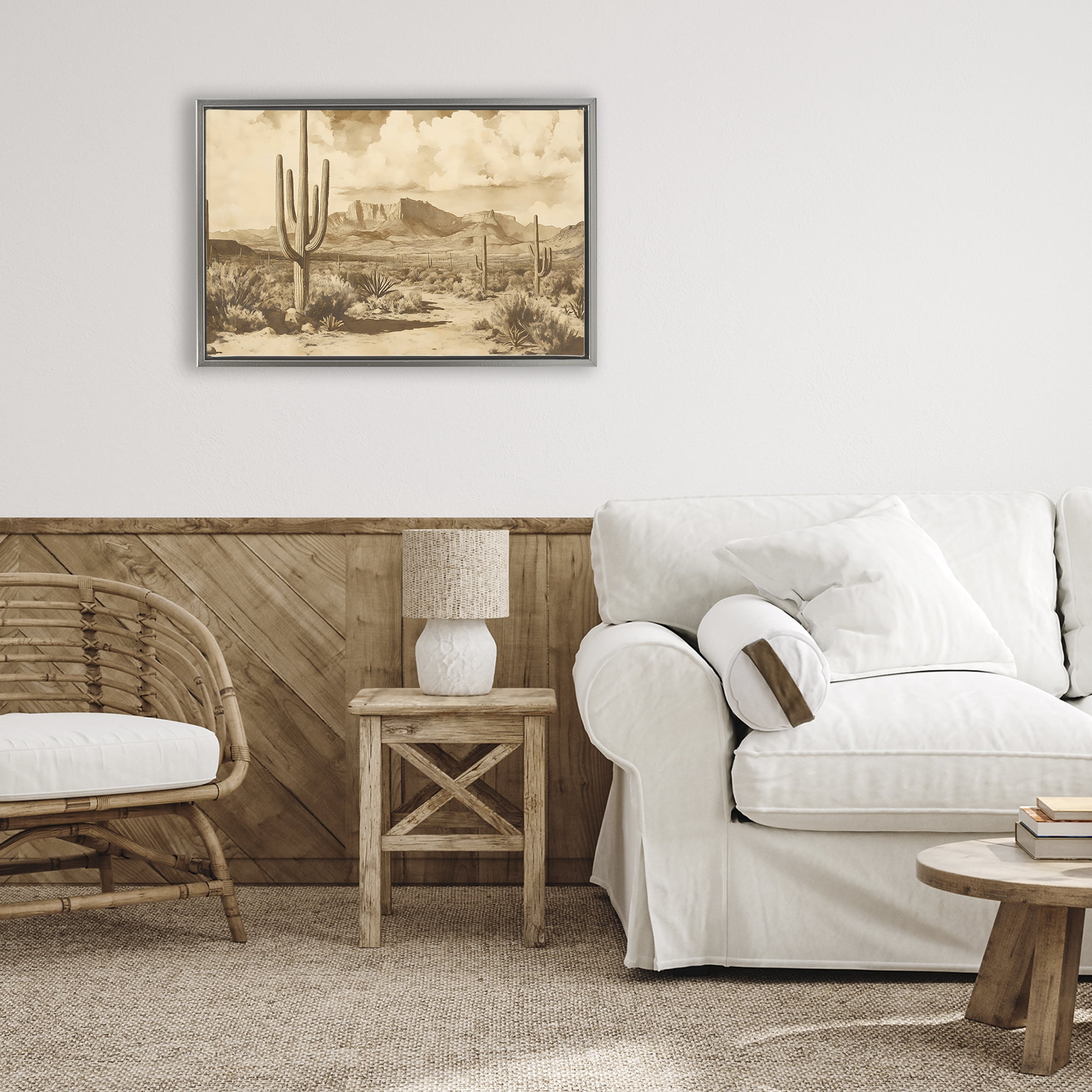 Stupell Industries Vintage Desert Peaks with Saguaro Gray Framed Floater Canvas Wall Art, design by Franklyn Gregory