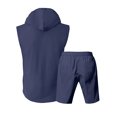 thumbnail image 5 of RYDCOT Mens Linen Sets 2 Piece Outfits Sleeveless Hooded Button Down Shirt and Shorts Set Vacation Outfit for Men Summer Beach Suits Navy, 5 of 8