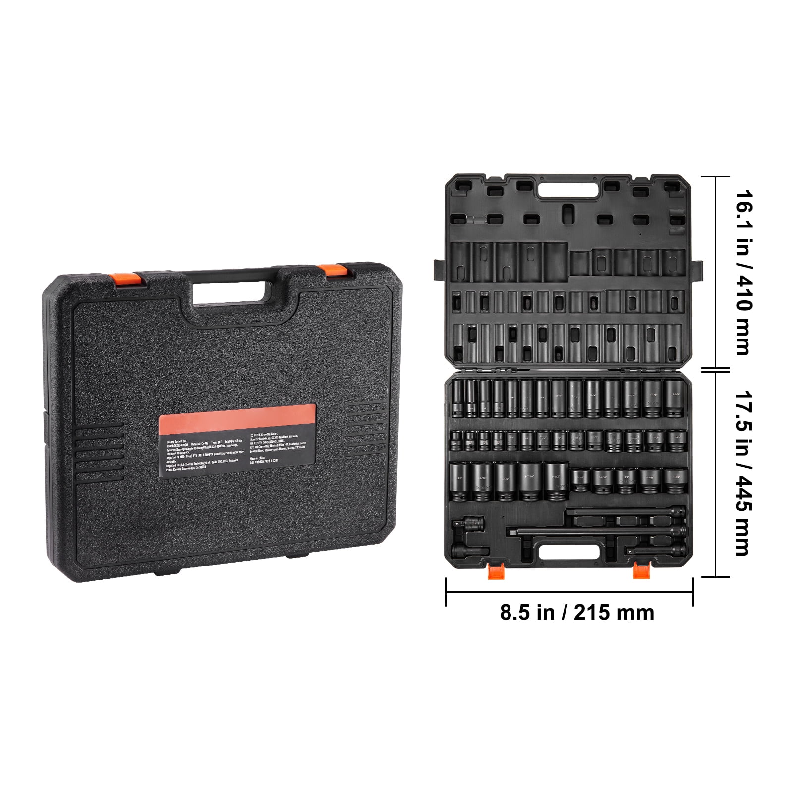 KFFKFF 43-Pc Impact Socket Set, 1/2" Drive, SAE 3/8"-1-1/2", Deep & Shallow, 6-Point, Cr-Mo Steel, for Automotive Repair, Clear Size Labels, Durable, Includes Case