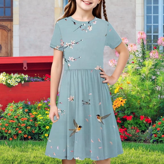 Fatuov Everyday Summer Dresses for Girl Crew Neck Floral Printed Comfortable Dress for School Short Sleeve Pleated Flowy Sundress 4-14 Years