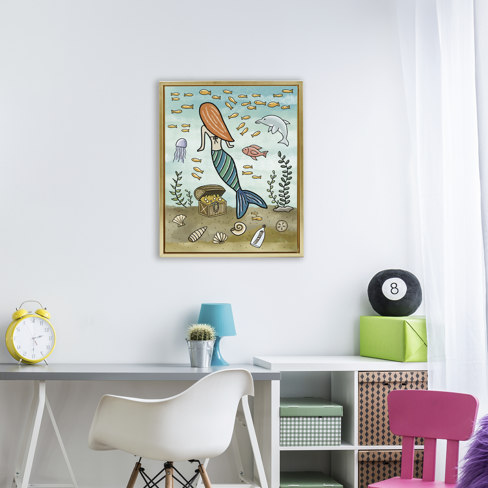 Mermaid Treasure Love Note Gold Framed Floater Canvas Wall Art, design by Jennifer Stith