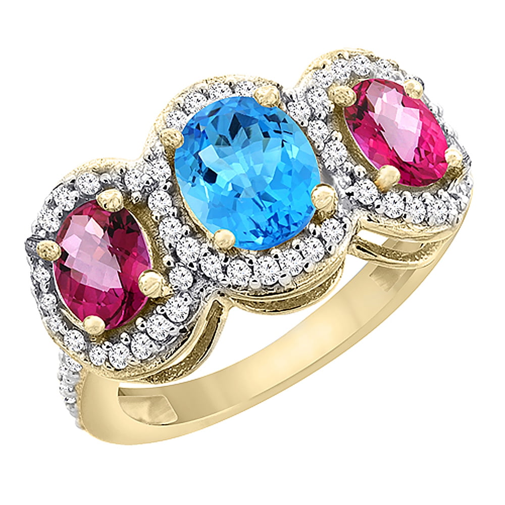14K Yellow Gold Natural Swiss Blue Topaz & Pink Topaz 3-Stone Ring Oval Diamond Accent, size 5 by Gabriella Gold