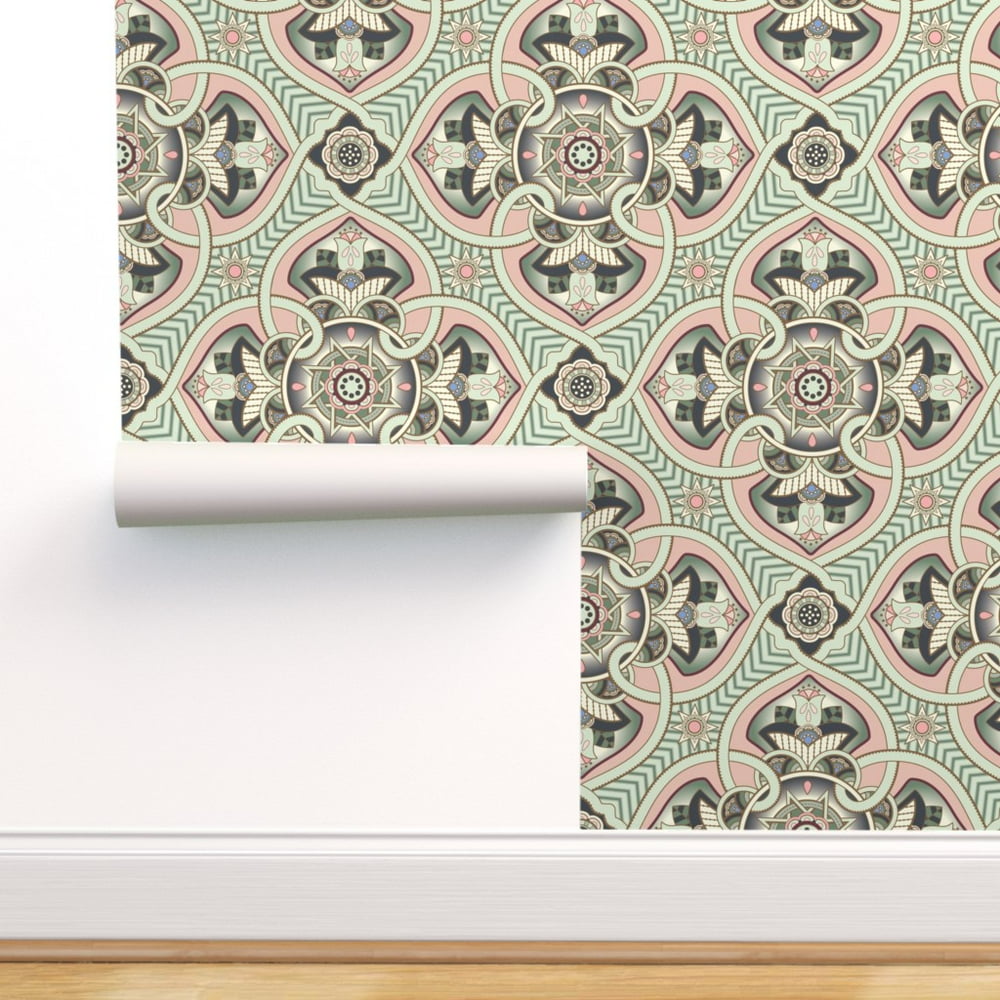 Peel-and-Stick Removable Wallpaper Muted Mint Floral Dusty Pink Art