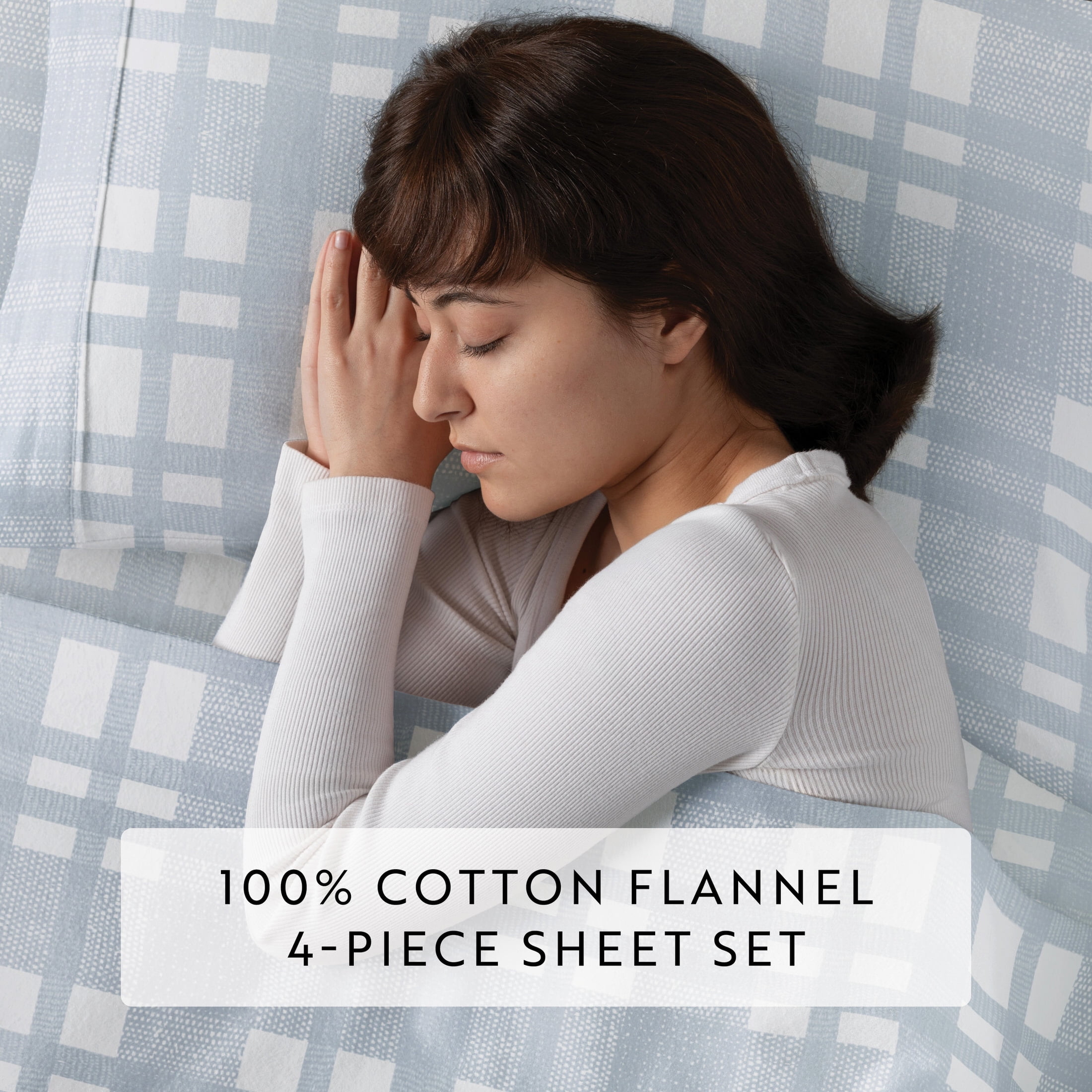 Light Blue Woven 4 Piece 100% Cotton Flannel Deep Pocket Sheet Set, Queen, by Noble Linens