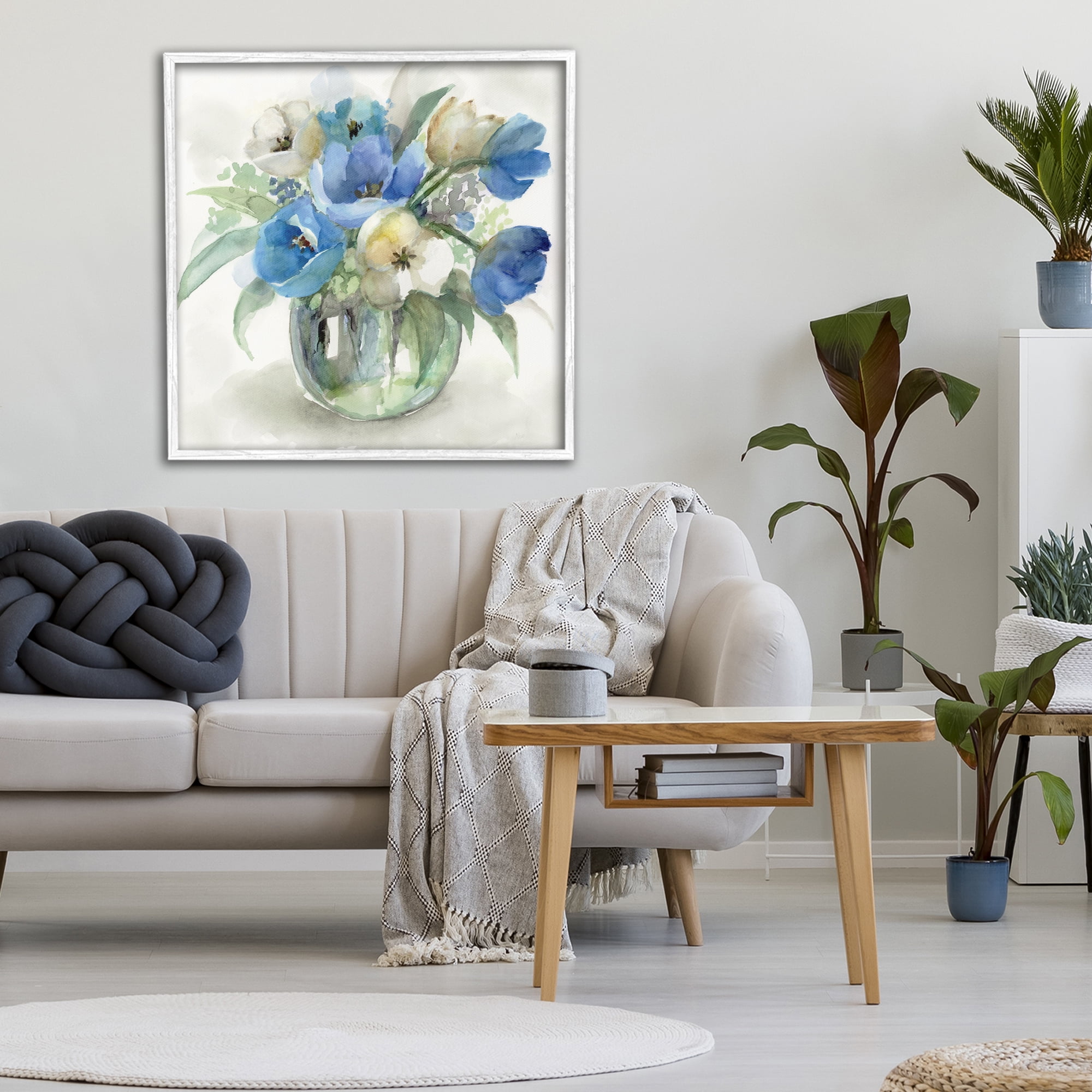 Stupell Industries Blue Tulip Watercolor Bouquet White Framed Giclee Art, design by Nan