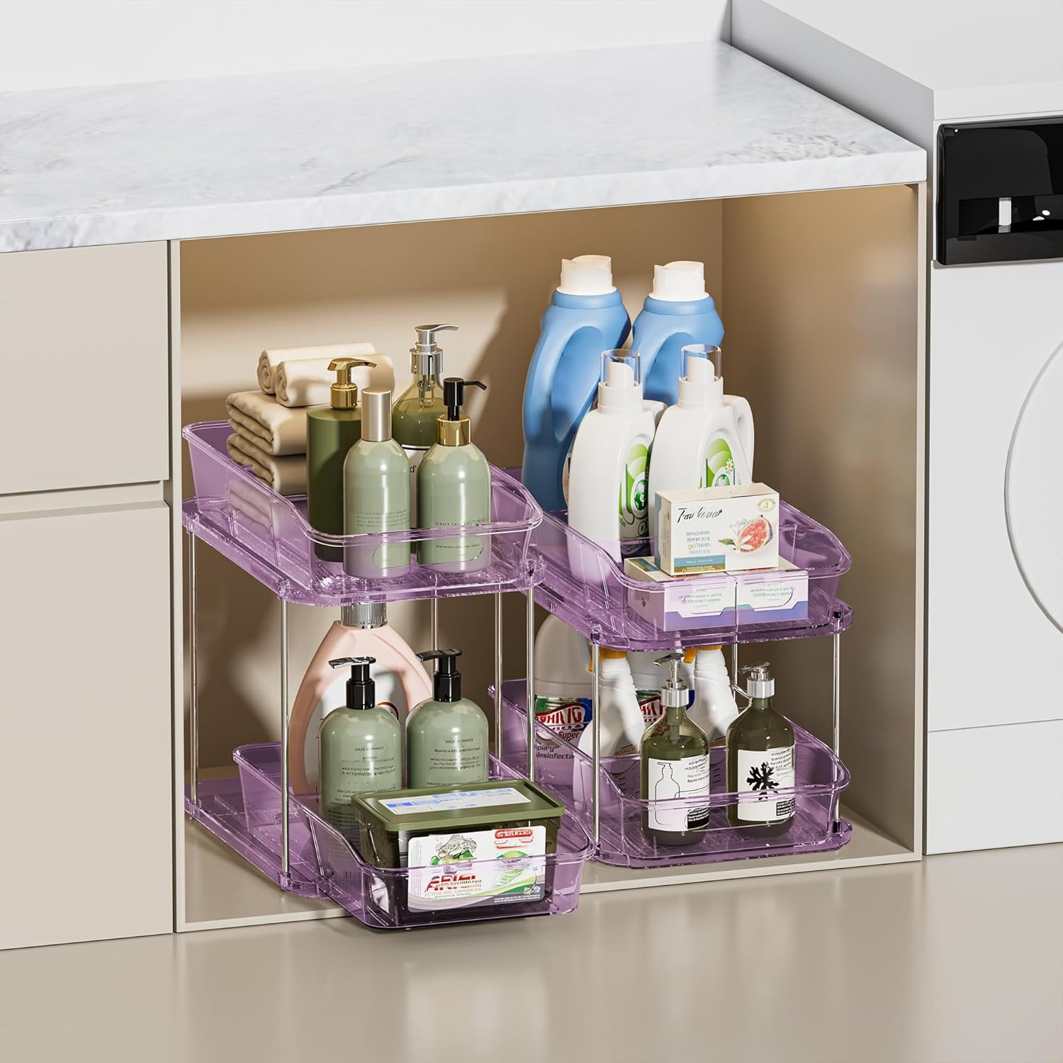 2-Tier Under Sink Organizers and Storage, Multi-Purpose Stackable Bathroom Cabinet organizers, Pull Out Kitchen Pantry Organization and Storage with Dividers(2 Pack, Purple)