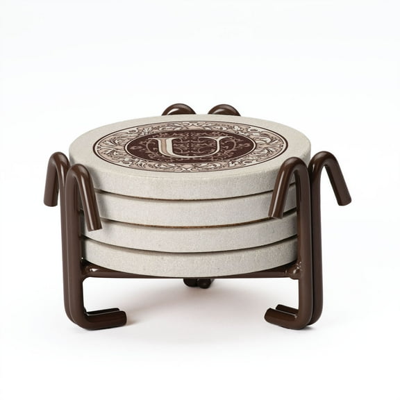Thirstystone Monogram Letter U Sandstone Coasters in iron Holder