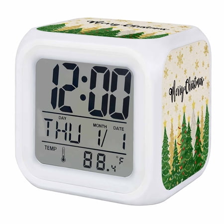 Green Christmas Digital Alarm Clock for Bedrooms, Smart LED Alarm Clock with 7 Color Changing Night Light, Xmas Tree Snowflake Stars Winter Rustic Silent Wake Up Clocks for Sleep Study Cooking