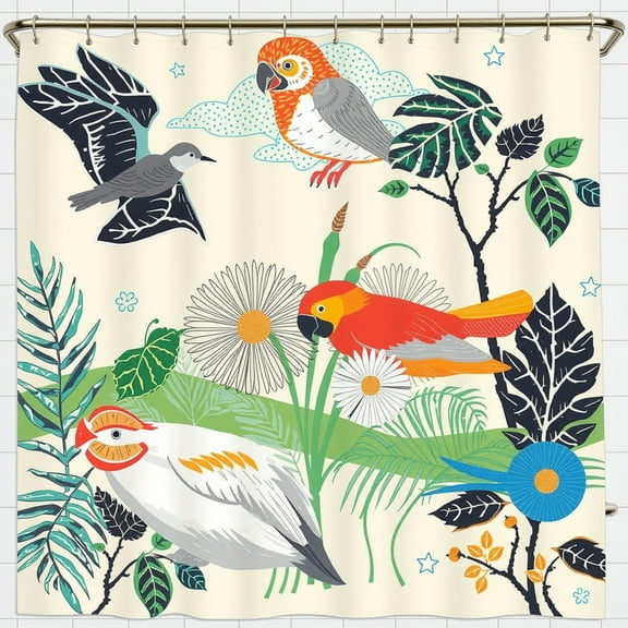Whimsical Tropical Birds & Plants Shower Curtain - Cream Background