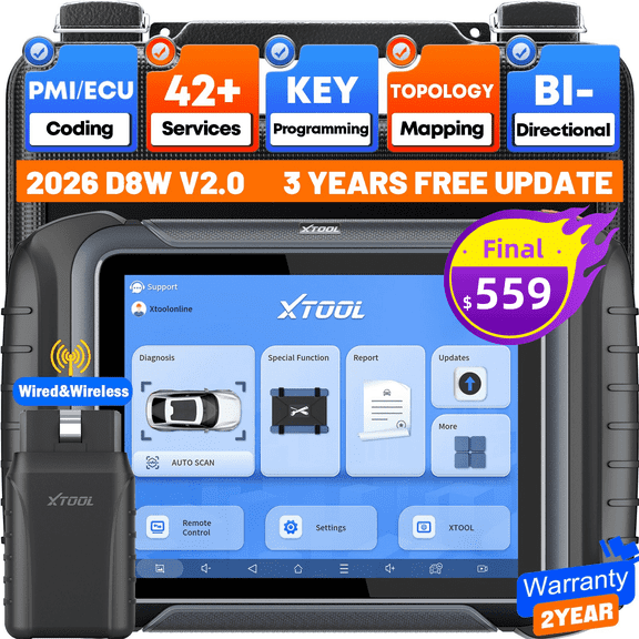 2026 XTOOL D8W OBD2 Scanner Diagnostic Tool Wireless Bidirectional Scan Tool withTopology Mapping, ECU Cod-ing, 42  Resets, Crank Sensor Relearn, 3-Year Updates