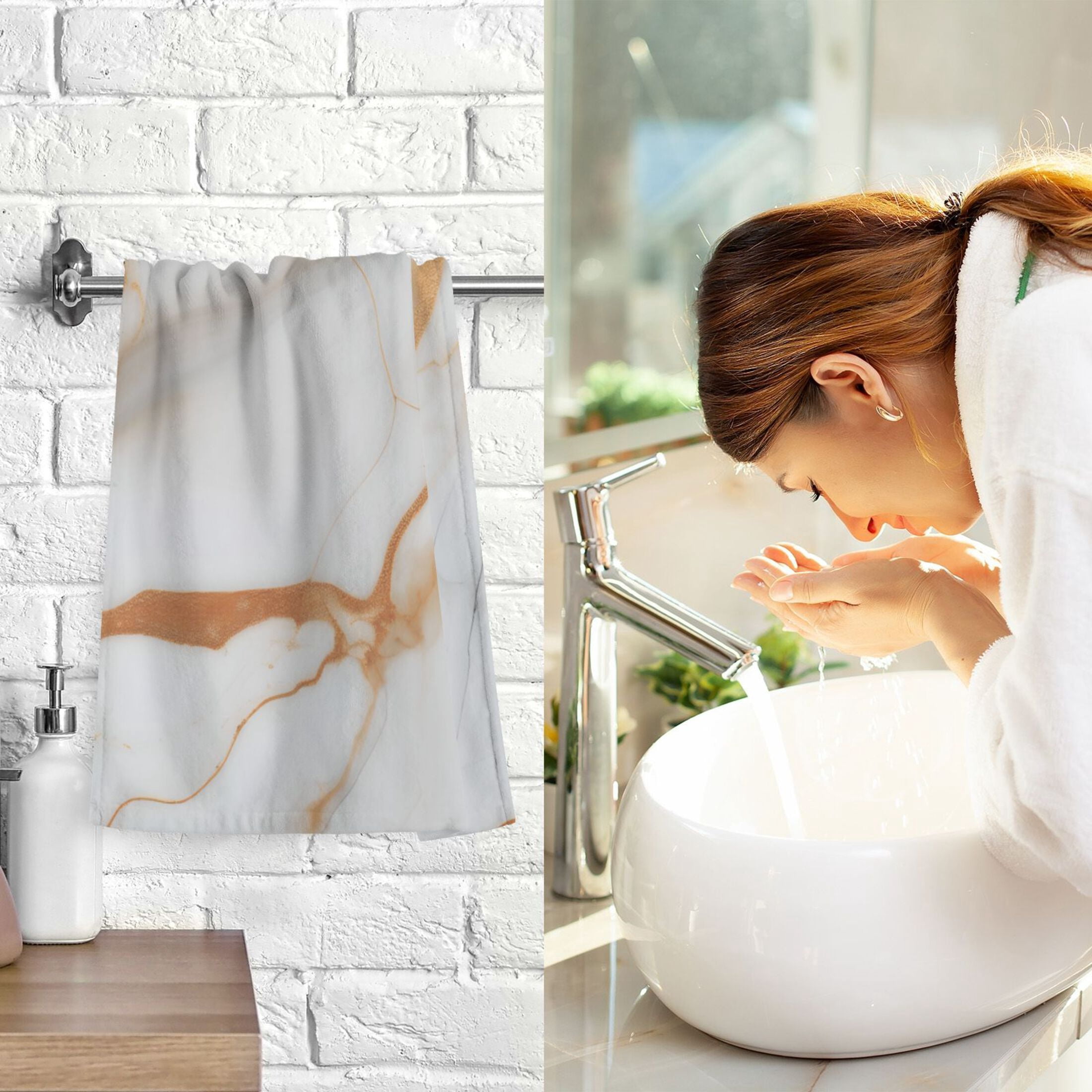 2 Pcs Hand Towel Set White Gold Brown Marble Cotton Absorbent Soft Face Towels Bath Towels for Bathroom Kitchen Shower Hotel Decor 16"x28"