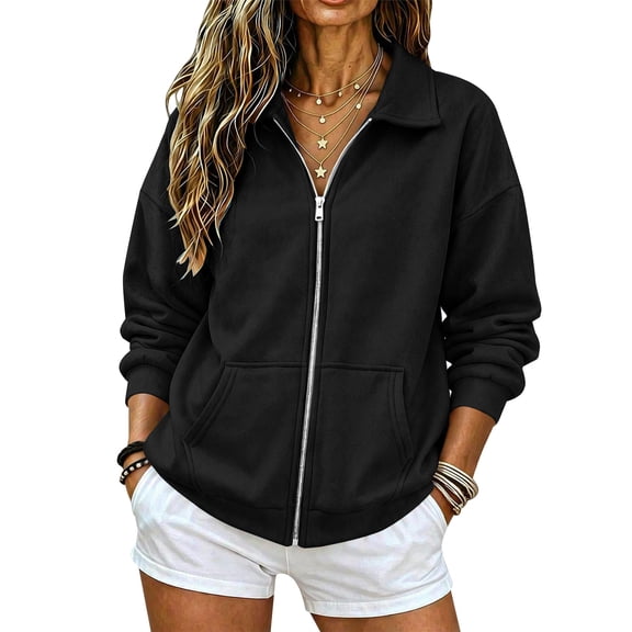 Full Zip Up Sweatshirt Women No Hood Oversized Casual Long Sleeve Collared Jacket 2026 Fall Winter Loose Clothes, S-3XL