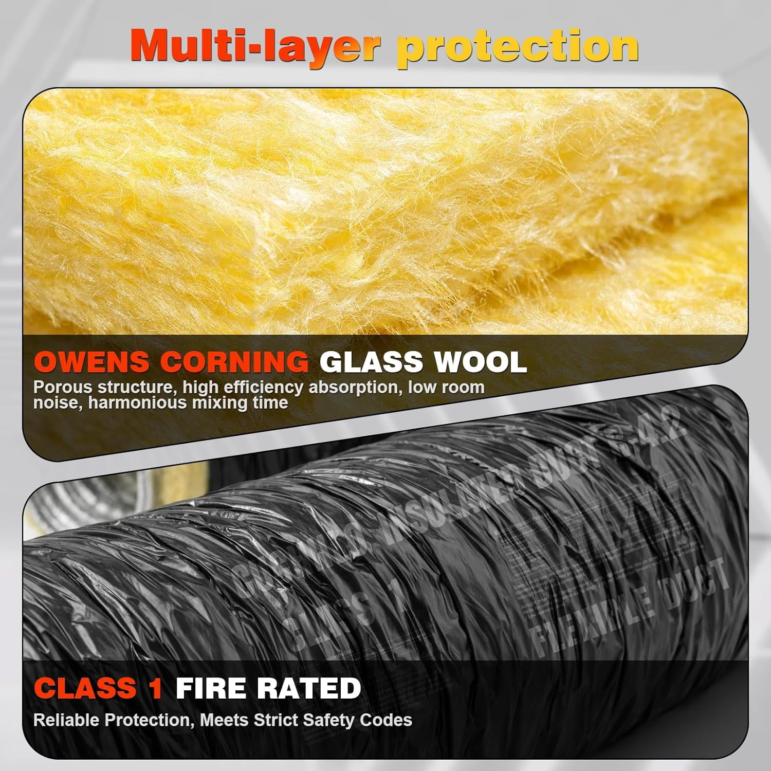 4 Inch Insulated Flexible Duct 25 FT, R4 HVAC Flex Duct Black Jacket, Owens Corning Fiberglass, Ventilation