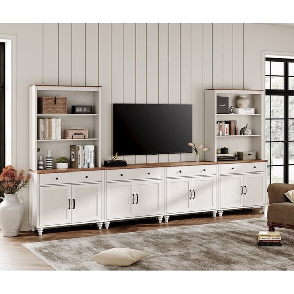 WAMPAT Television Stands with Bookshelves for TVs up to 75", Farmhouse Wall Unit TV Stand with 8 Doors & 4 Drawer, Media Console Table for Living Room, Bedroom & Home Theater, White