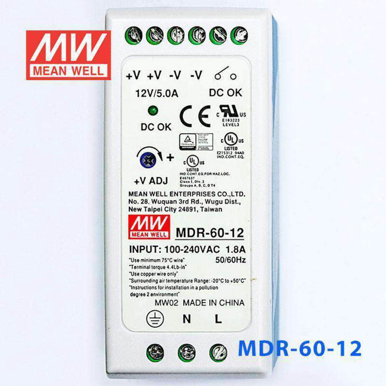 Mean Well MDR-60-12 Single Output Industrial Power Supply 60W 12V - DIN Rail