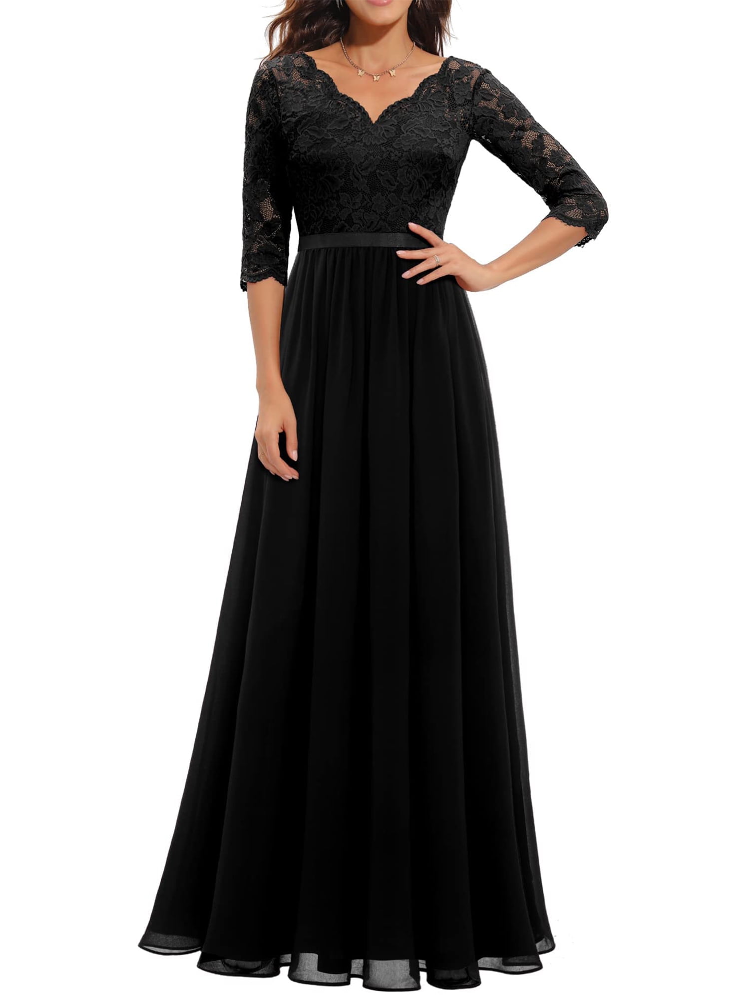 Women's V Neck Half Sleeves Lace Maxi Dress Evening Party Elegant