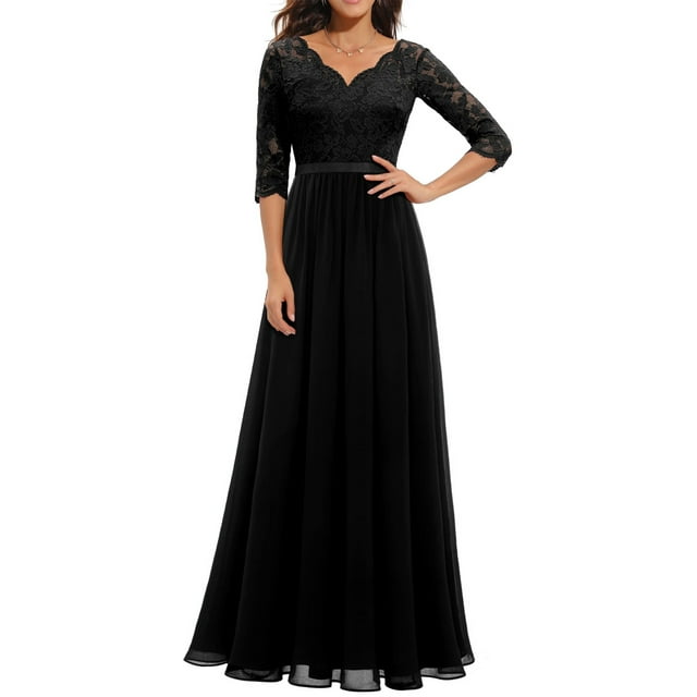 VISgogo Vestido Largo para Mujer, Color Sólido Patchwork Encaje Escote en V Manga Media Espalda Sin Espalda Cremallera Vestido Femenino VISgogo moda