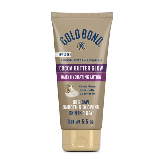 Gold Bond Cocoa Butter Glow Daily Hydrating Lotion with Shea Butter, Cocoa Butter & Coconut Oil, Exfoliating Moisturizer for Dry Skin, 5.5 oz.