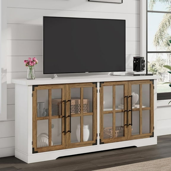 VANACC 63" Farmhouse TV Stand with 4 Glass Door & Strong Storage, White/Barnwood