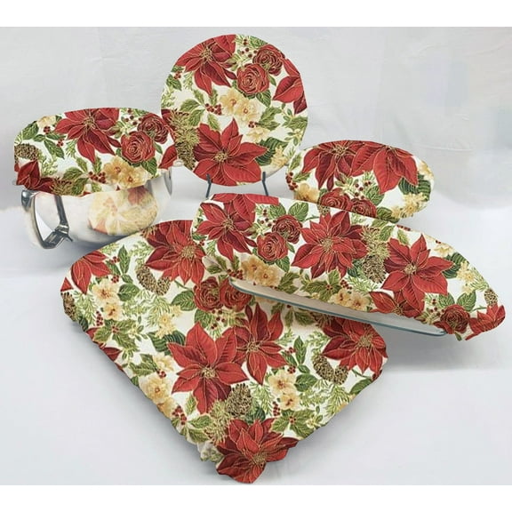 Christmas Poinsettia Reusable Fabric Bowl and Casserole Pan Covers by Penny's Needful Things (5 Cover Set)