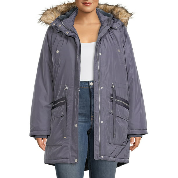 Time and Tru Women's and Plus Anorak Coat with Faux Fur Trim Hood ...