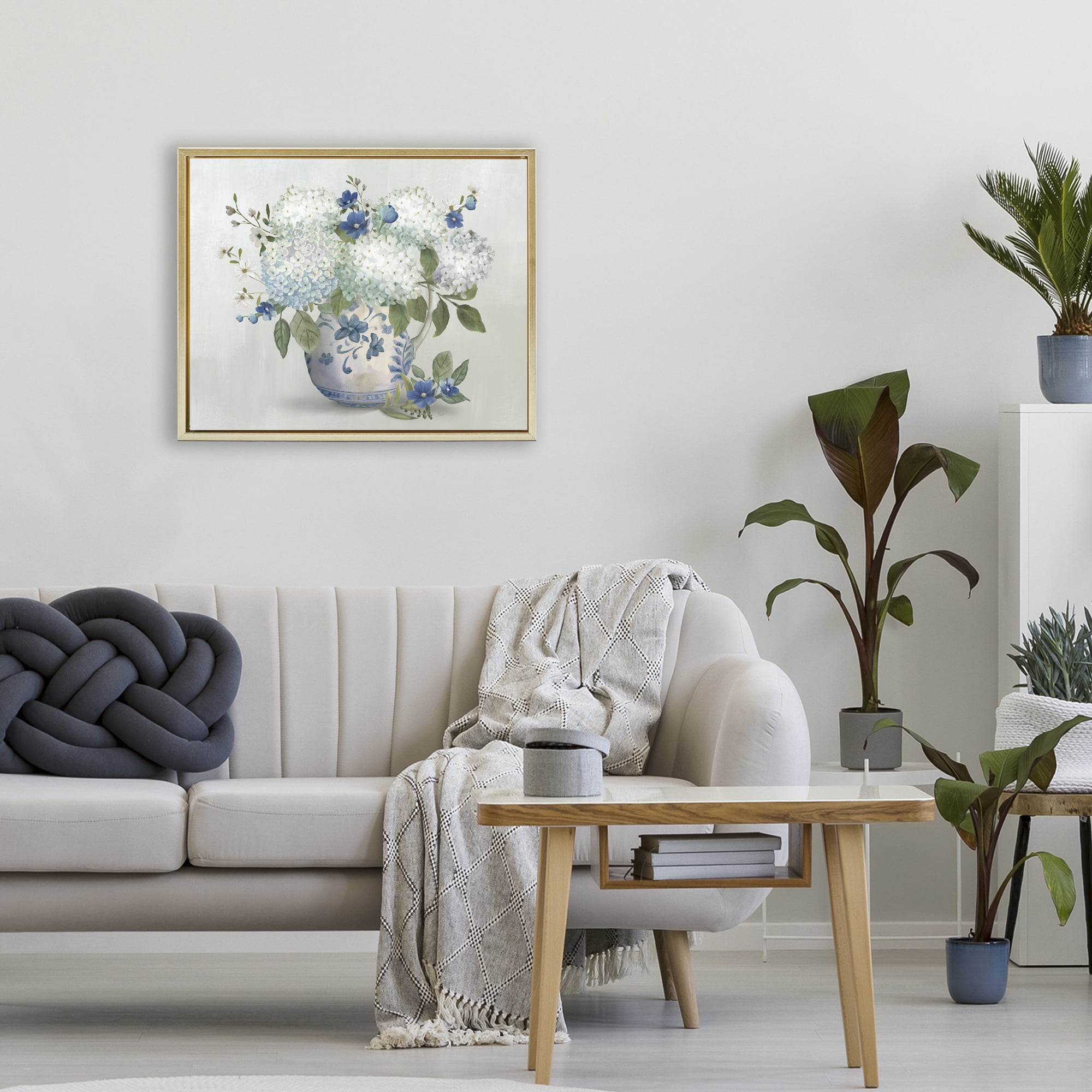 Stupell Industries Ivory & Blue Hydrangea Vase Gold Framed Floater Canvas Wall Art, design by Nan