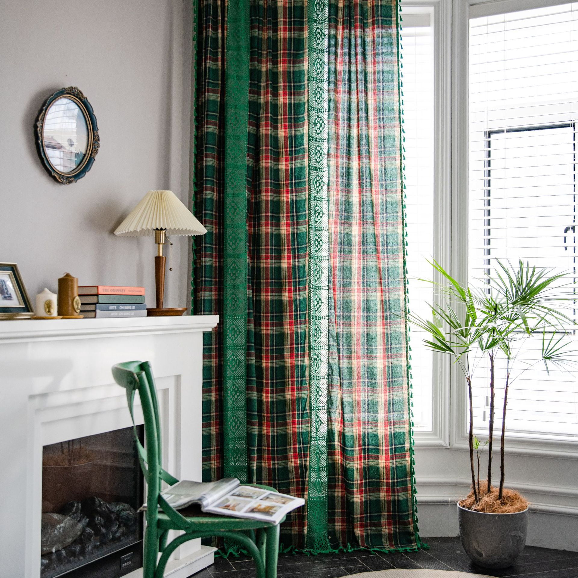 Boho Curtains Plaids for Bedroom, Semi Blackout Linen Farmhouse Tassels Window Treatment Bohemian Drape, Rod Pocket 1 Panel