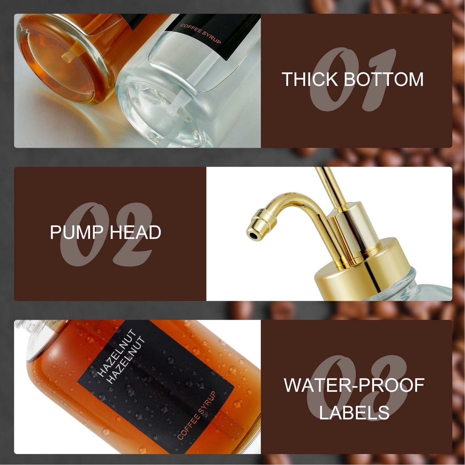 Suodoka 2PCS Coffee Syrup Dispensers 500ml / 16.9 oz Glass Bottle Dispenser with Stainless Steel Pump Home Kitchen Accessories