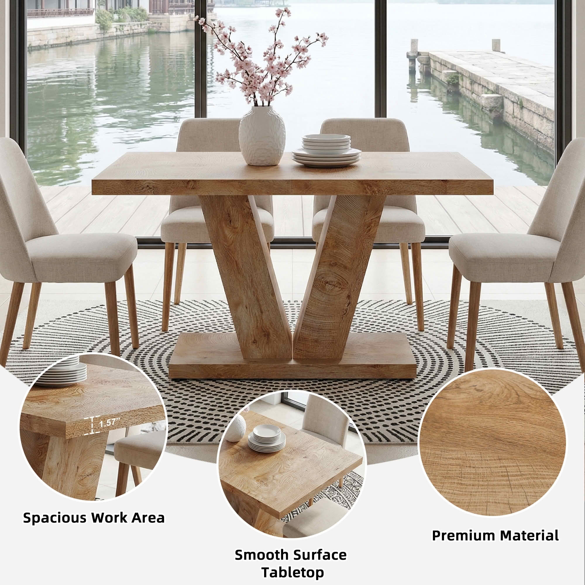 MAYEERTY 47 Inch Farmhouse Dining Table, Rectangular Kitchen Dinner Table with Heavy Duty Triangular Pedestal Base for 4 to 6 People