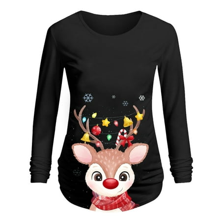 

Christmas Maternity Long Sleeve Cartoon Deer Printed Ruched T-shirt Tops Pregnancy Blouse