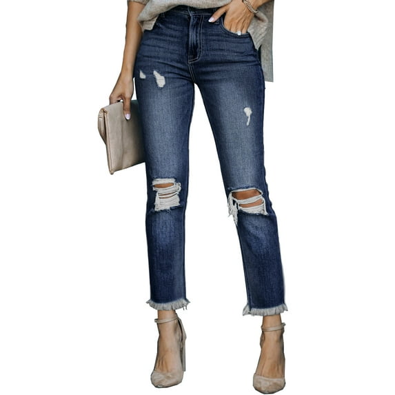 HOTAPEI Womens Jeans Mid Rise Ripped Skinny Jeans Raw Hem Slim Fit Jeans Boyfriend Jeans Destroyed Jeans
