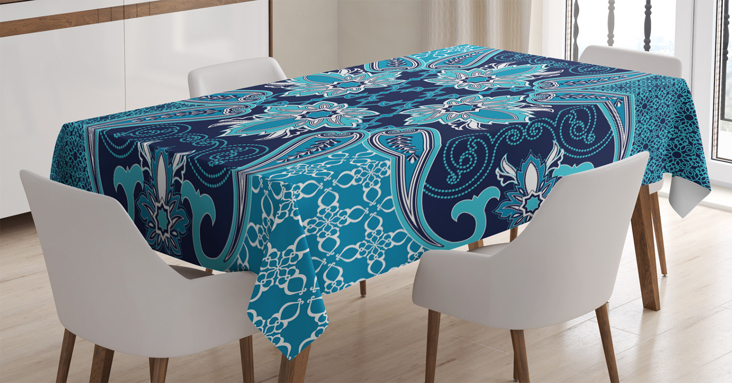 Navy Blue Decor Tablecloth, Floral Paisley Design Bohemian Style
