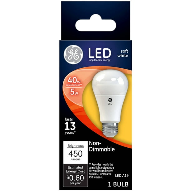 GE LED 5W NonDimmable A19 Bulb, Soft White