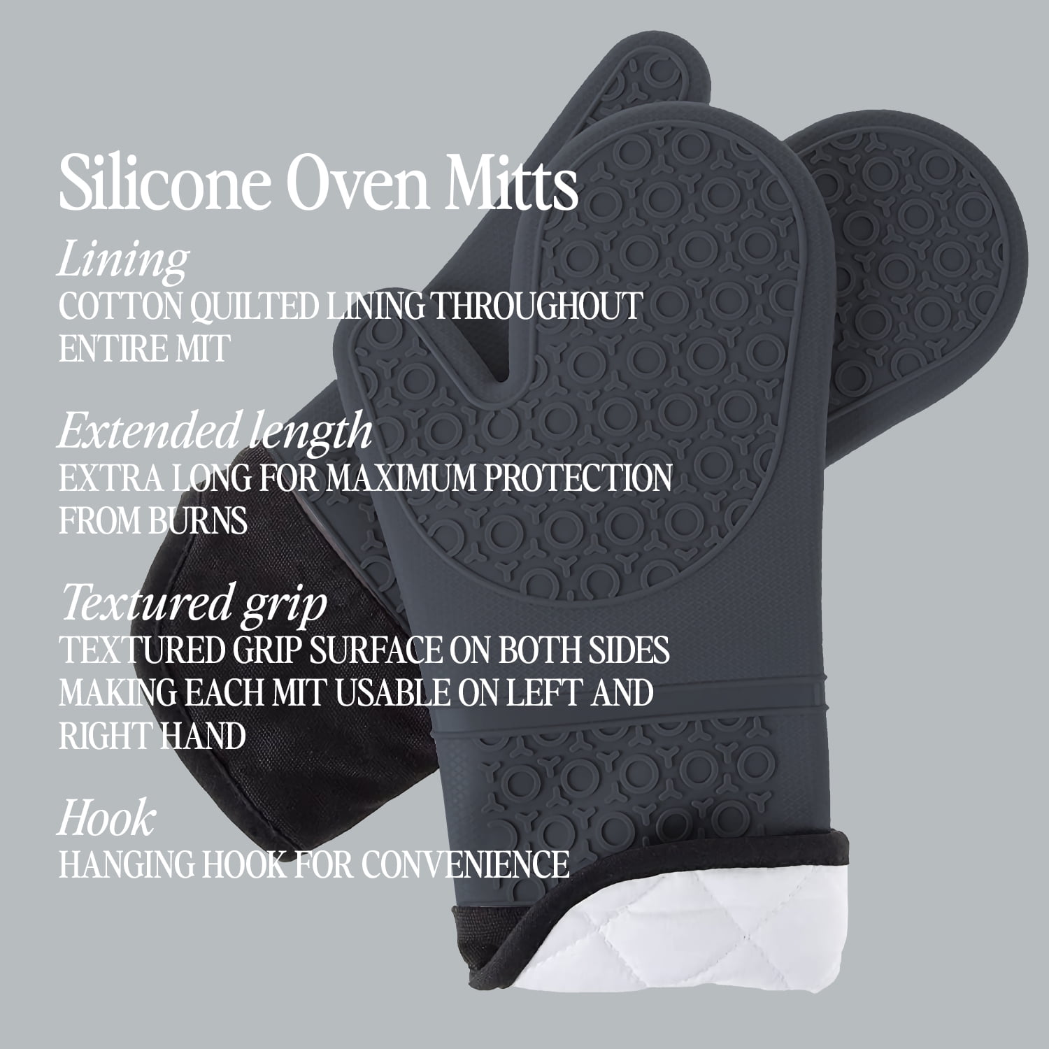 BPA-Free Soft Silicone Oven Mitts - Ultra Heat Resistant Oven Mitts with Thick Cotton Liner - Extra Long Slip Resistant Pot Holders, Flexible Oven Gloves - Gray 14.7"