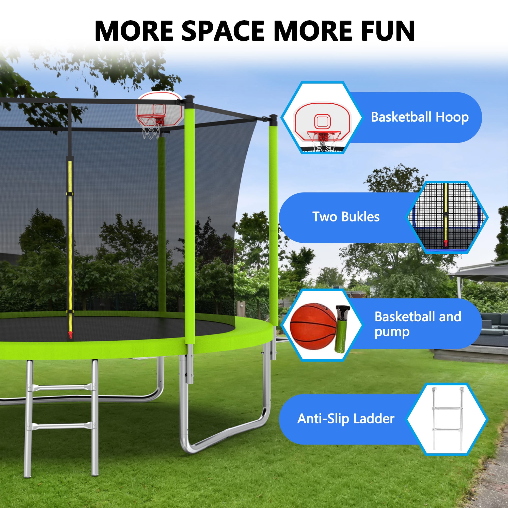 10FT Trampoline for Kids,Outdoor Trampoline with Basketball Hoop,Heavy-Duty Trampoline with Safety Enclosure Net,Green