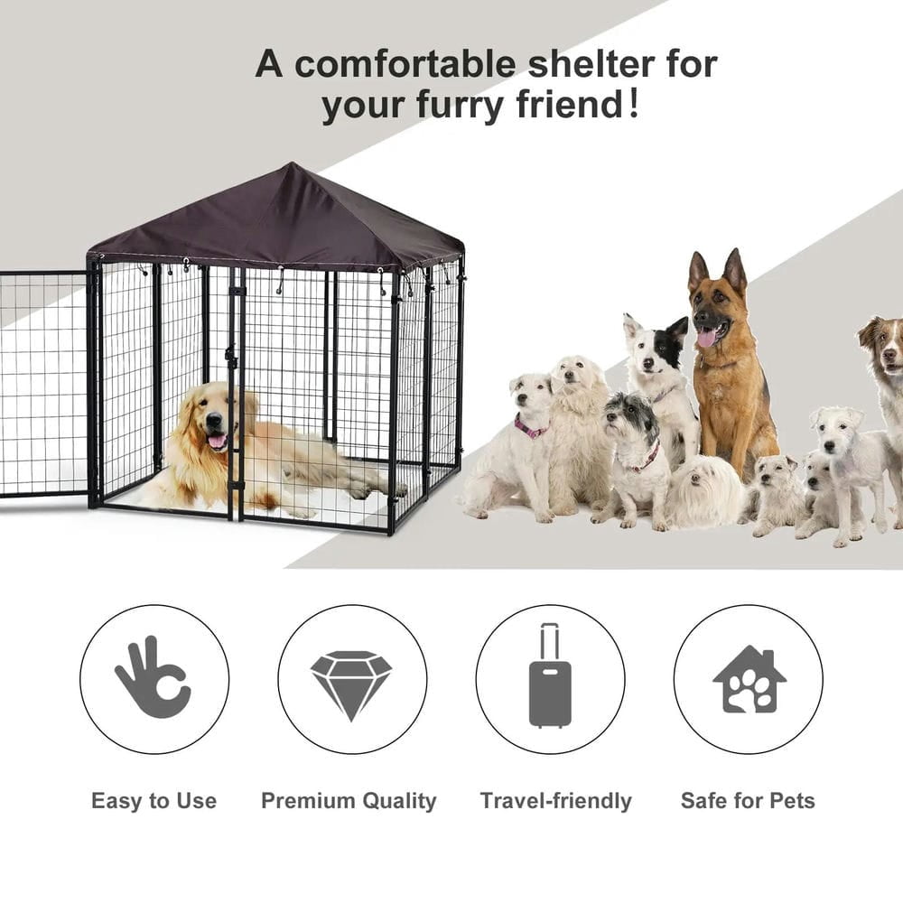 Topcobe 4.6' x 4.6' x 5' Outdoor Dog Kennel, Walk-in Pet Playpen, Welded Wire Steel with Water and UV-Resistant Canopy, Outside Pet Shelter, Small Animal Habitat, Black